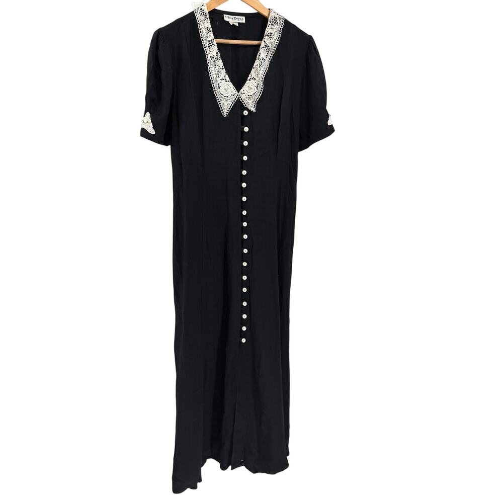 Vintage 90s Ultra Dress Black White Cottage Core Whimsygoth Maxi Dress